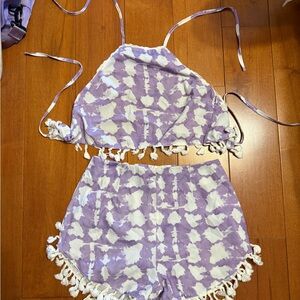 Lavender Tie-Dye Tassel Two-Piece Crop Top & Shorts Set